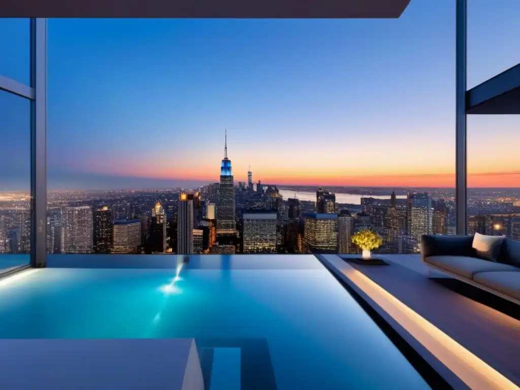 Penthouse de lujo: vista urbana al atardecer en la ciudad Exclusivo ático moderno con diseño elegante y vistas urbanas al anochecer, reflejando la medición éxito estrategia publicitaria inmobiliaria