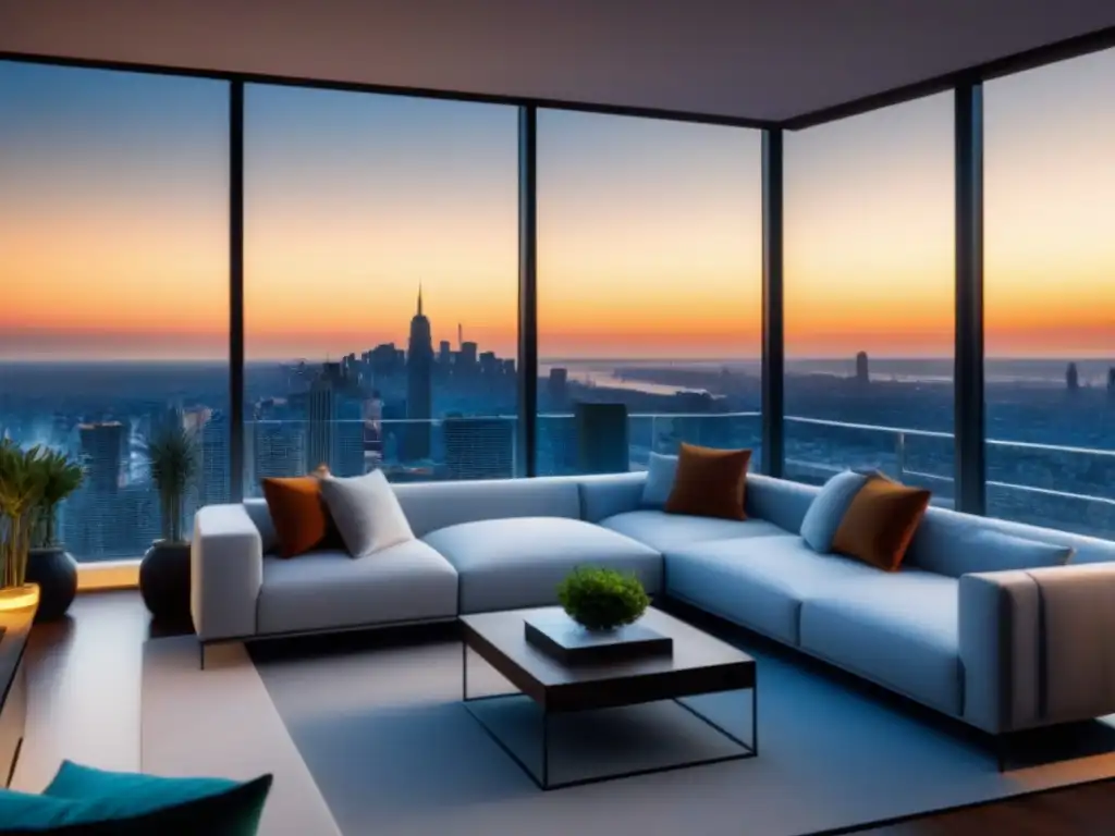 Penthouse de lujo con vista a la ciudad al atardecer Exclusivo ático moderno con vista a la ciudad al atardecer, diseño contemporáneo y terraza con jardín
