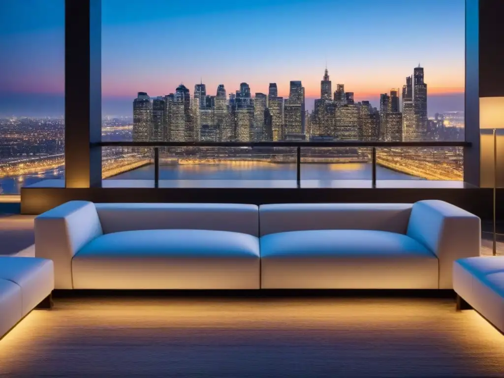 Penthouse de lujo con vista a la ciudad al atardecer Un exclusivo ático moderno con vista a la ciudad al atardecer, decorado con lujo y elegancia