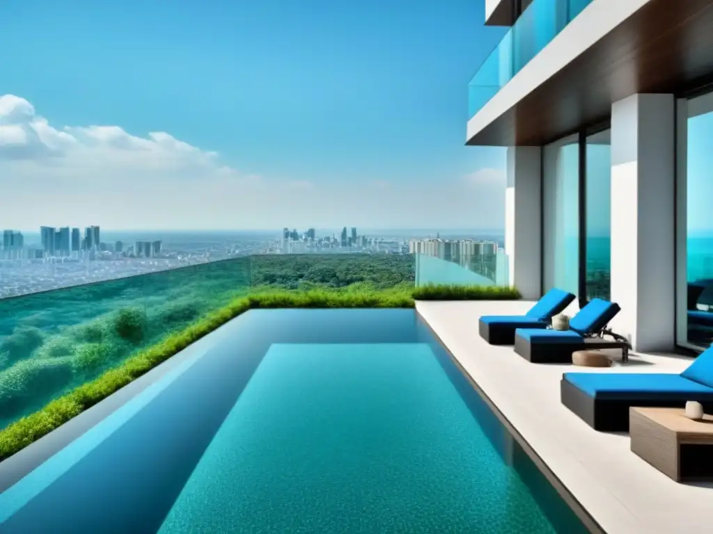 Condominio de lujo y modernidad: sofisticación urbana exclusiva Un exclusivo complejo de condominios de lujo con piscina infinita en la azotea y exuberante vegetación, reflejando la ciudad