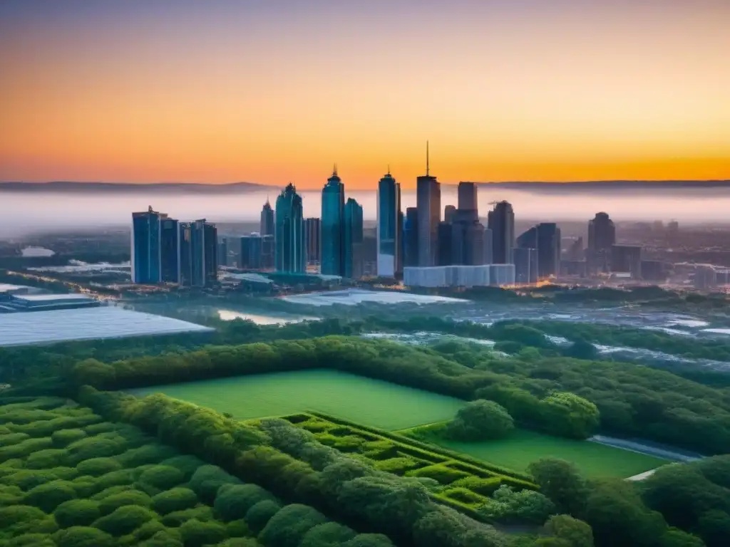 Desarrollo inmobiliario de lujo: arquitectura, naturaleza y ciudad Exclusivo desarrollo inmobiliario urbano con rascacielos, áreas verdes y una ciudad al atardecer