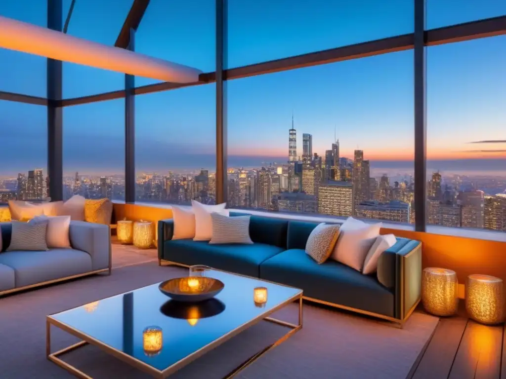 Espacio de eventos de lujo en la azotea con vista a la ciudad al anochecer Un exclusivo espacio para eventos en la azotea, con decoración elegante y vistas a la ciudad al atardecer