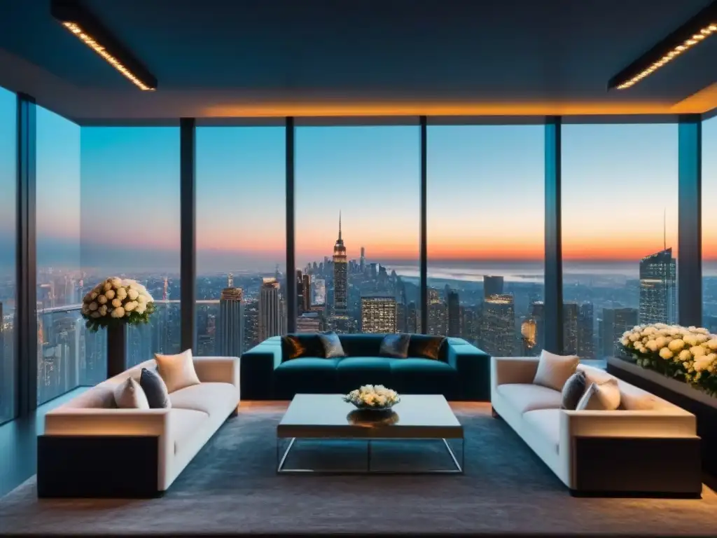Exclusivo salón de eventos con vista panorámica al anochecer Exclusivo evento de publicidad en propiedades de lujo con vista nocturna de la ciudad, elegante decoración y asistentes sofisticados