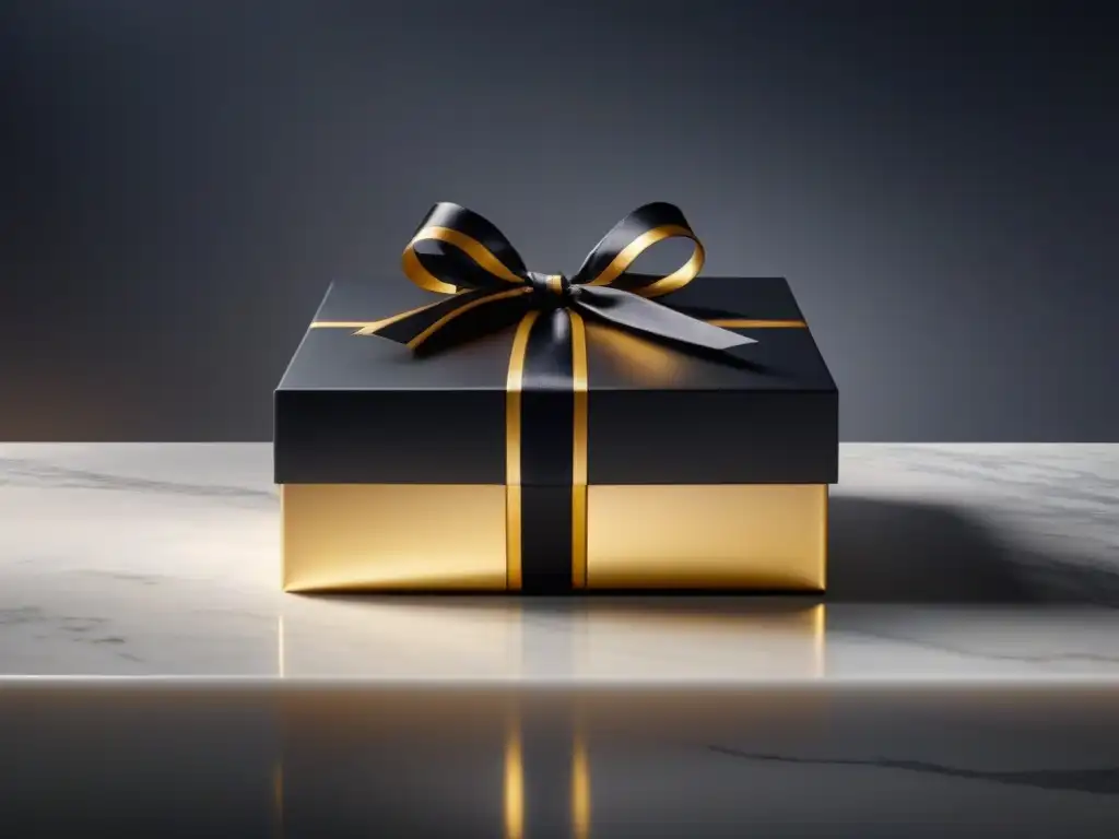 Exclusiva caja de regalo negra y dorada en elegante propiedad moderna Exclusivo marketing de propiedades de lujo: elegante caja negra y dorada sobre encimera de mármol bajo suave iluminación natural