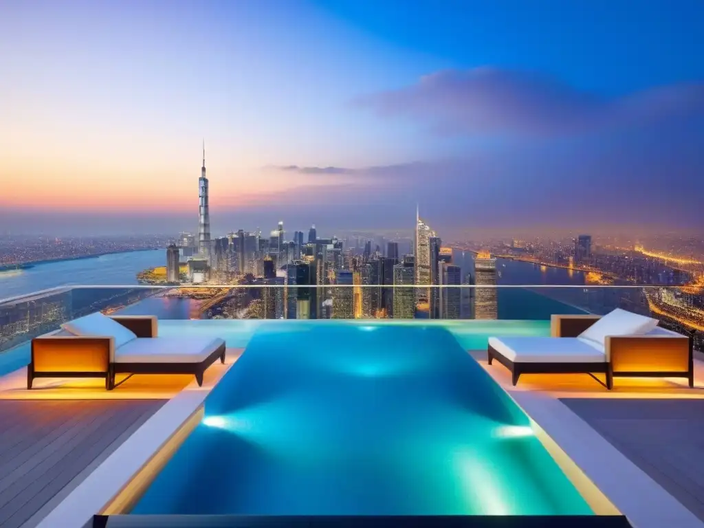 Penthouse de lujo con piscina infinita y vistas panorámicas nocturnas Exclusivo penthouse moderno con piscina infinita privada y vista panorámica de la ciudad al anochecer