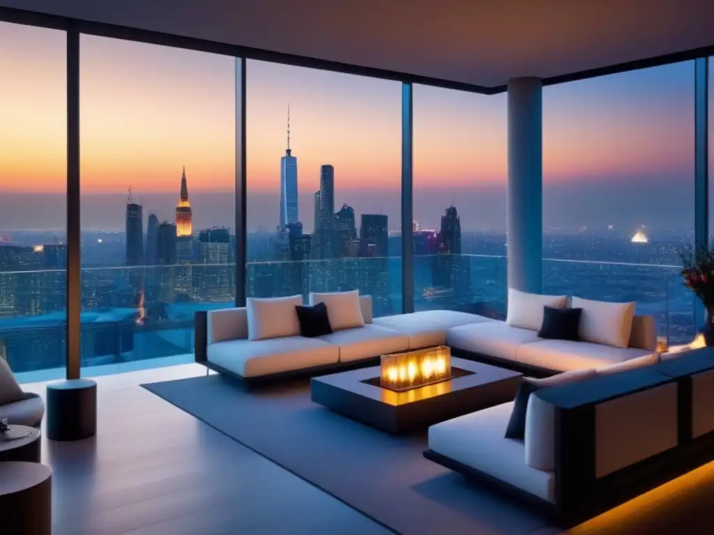 Penthouse de lujo con vistas a la ciudad al atardecer Exclusivo penthouse moderno con vistas a la ciudad al atardecer, lujo en marketing de propiedades de lujo