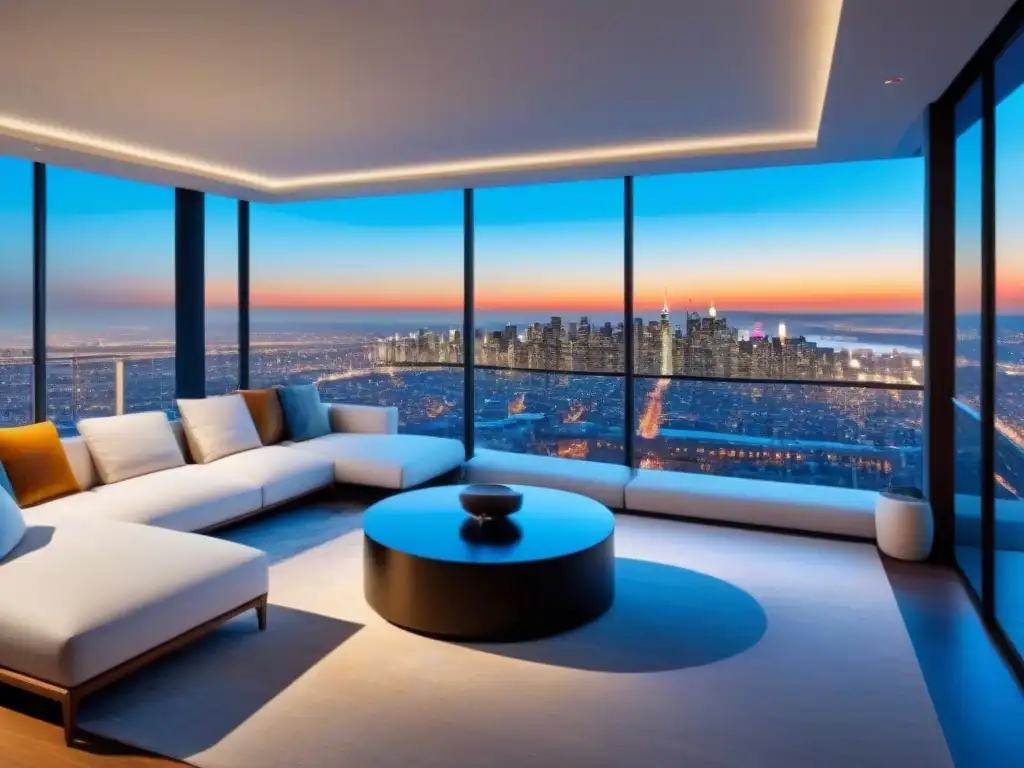 Penthouse de lujo con vistas urbanas al atardecer Exclusivo penthouse moderno con vistas urbanas, diseño elegante y beneficios gestión propiedades alta gama
