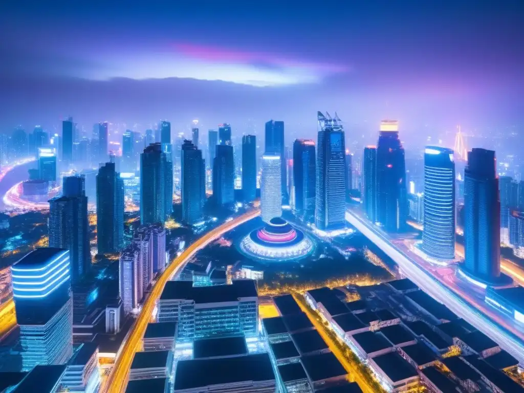 Horizonte urbano asiático: energía y modernidad en neon lights Éxito financiamiento inmobiliario Asia: Una metrópolis asiática vibrante y moderna, con rascacielos futuristas y calles llenas de vida