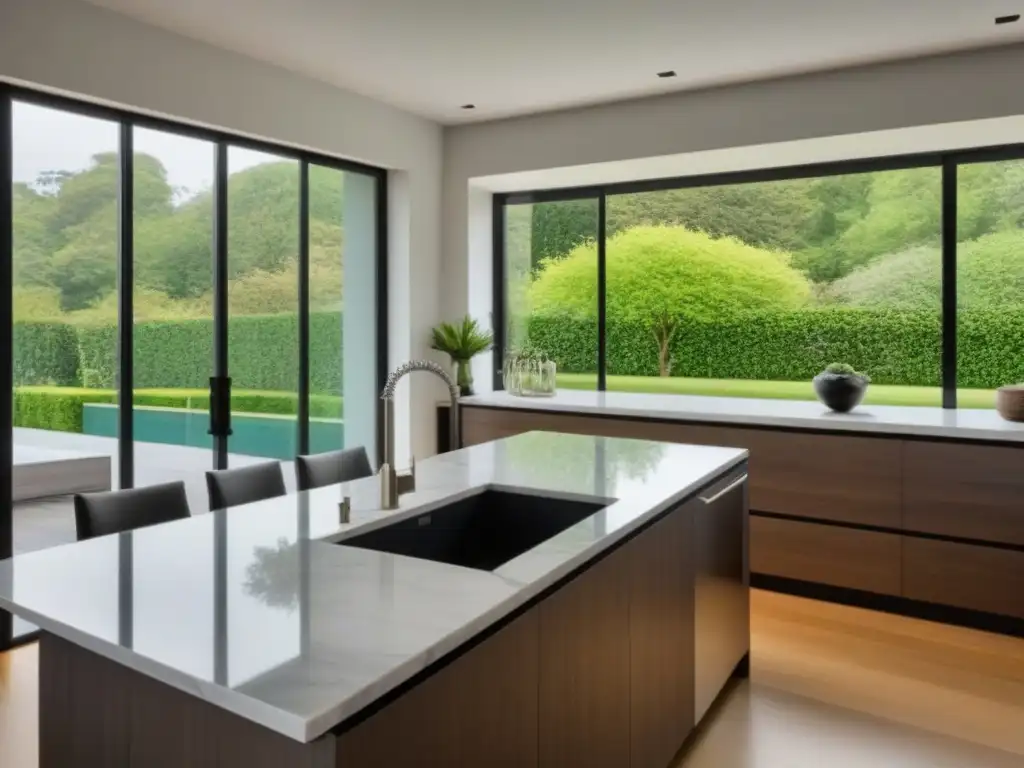 Transformación de cocina: lujo y modernidad en blanco y mármol Transformación exitosa con cocina moderna de lujo, isla de mármol, luz natural y jardín exuberante