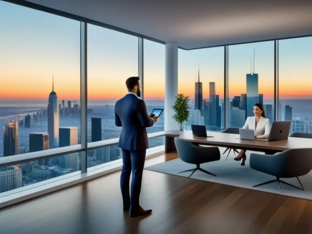 Oficina moderna con vista panorámica, éxito en bienes raíces Una exitosa estrategia psicológica de venta inmobiliaria en una oficina moderna con vistas a la ciudad