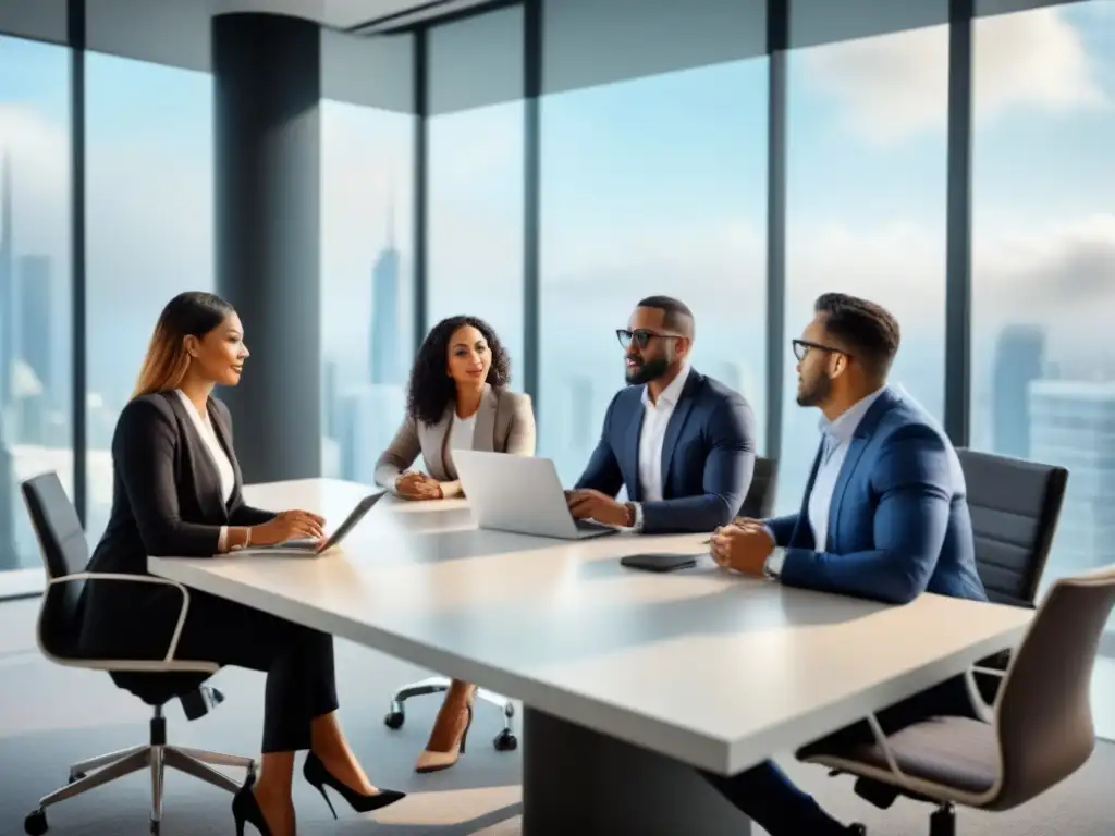 Profesionales diversos debaten inversión vacacional en oficina moderna Una exitosa inversión en propiedades vacacionales con profesionales diversos en una oficina moderna