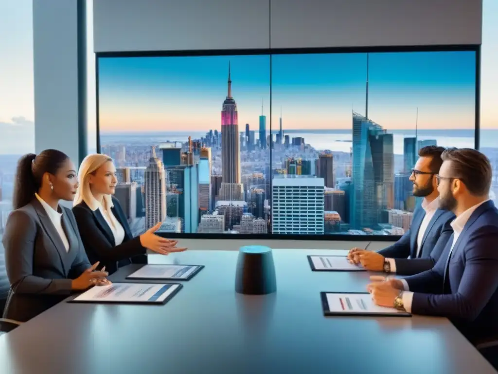 Profesionales exitosos debaten estrategias inmobiliarias en sala moderna 8K Un exitoso encuentro de profesionales debatiendo estrategias de inversión inmobiliaria, reflejando la percepción cultural del éxito