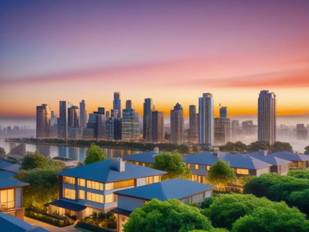 Portafolio de inversión inmobiliaria diversificado y próspero en 8k Un exitoso portafolio de inversión inmobiliaria diversificada, con edificios modernos y sostenibles en una vibrante ciudad al atardecer