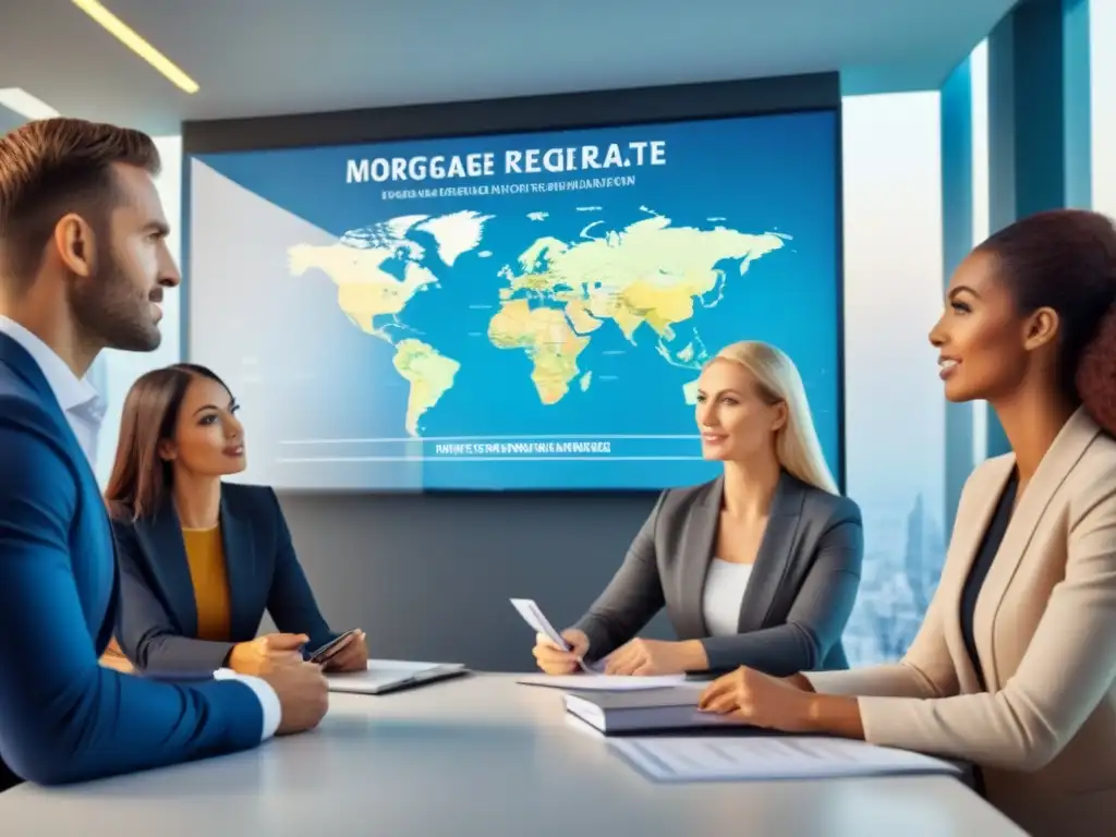 Expatriados confiados: asesoría hipotecaria internacional Expatriados atentos discuten préstamos hipotecarios con banquero en oficina contemporánea, reflejando colaboración global