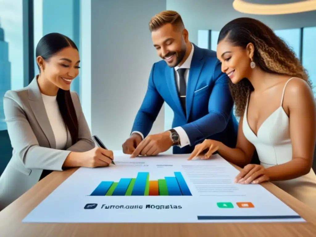 Firma feliz de hipoteca de expatriados en banco moderno Expatriados firmando préstamos hipotecarios en banco moderno y acogedor