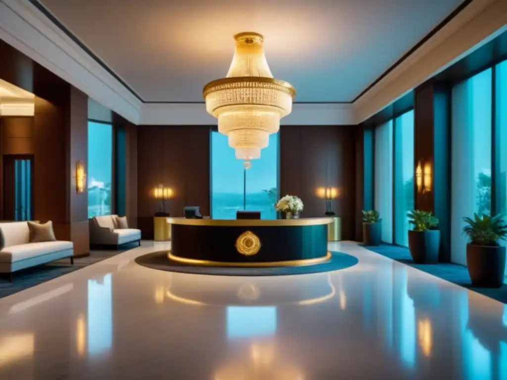 Exclusivo lobby de hotel de lujo con conserje atento | 8k Experiencia de marca en propiedades de lujo: Vestíbulo lujoso con detalles elegantes y atmósfera sofisticada