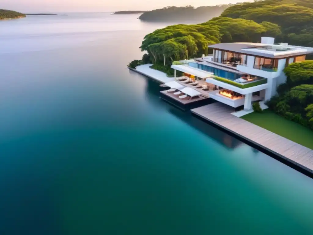 Propiedad de lujo frente al mar: atardecer dorado y arquitectura moderna Experiencia marca propiedades lujo: Residencia de lujo con arquitectura moderna, piscina infinita, yate privado y paisaje exuberante al atardecer