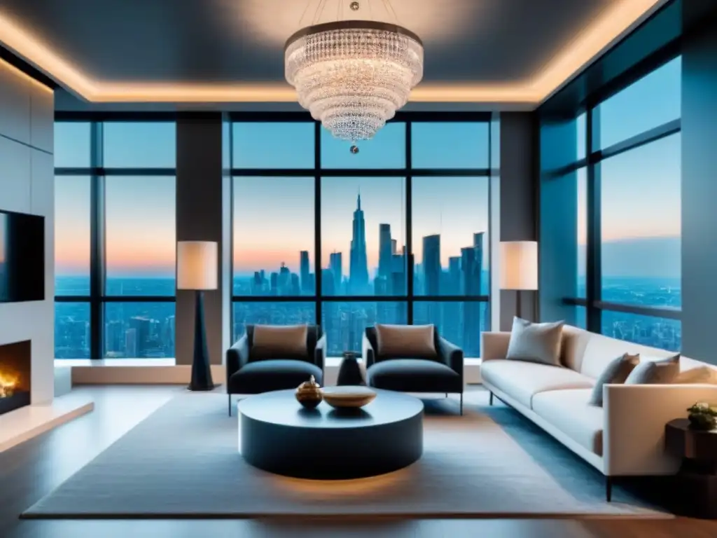 Sala de estar de lujo con vista a la ciudad en propiedad exclusiva Experiencia marca propiedades lujo: Sala de estar lujosa y moderna con vista a la ciudad y mobiliario elegante