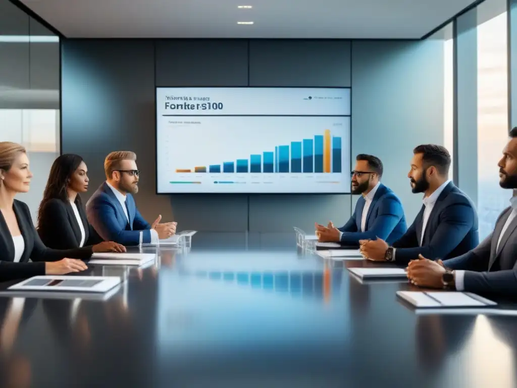 Reunión de inversores inmobiliarios: Estrategias expertas y colaboración Experimentados inversores inmobiliarios debatiendo estratégicamente sobre fluctuaciones monetarias en una sala minimalista y luminosa