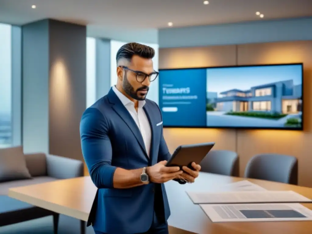 Perito inmobiliario experto valora propiedad con tablet en moderna oficina Experta en tasación inmobiliaria con tablet, planos arquitectónicos y oficina moderna