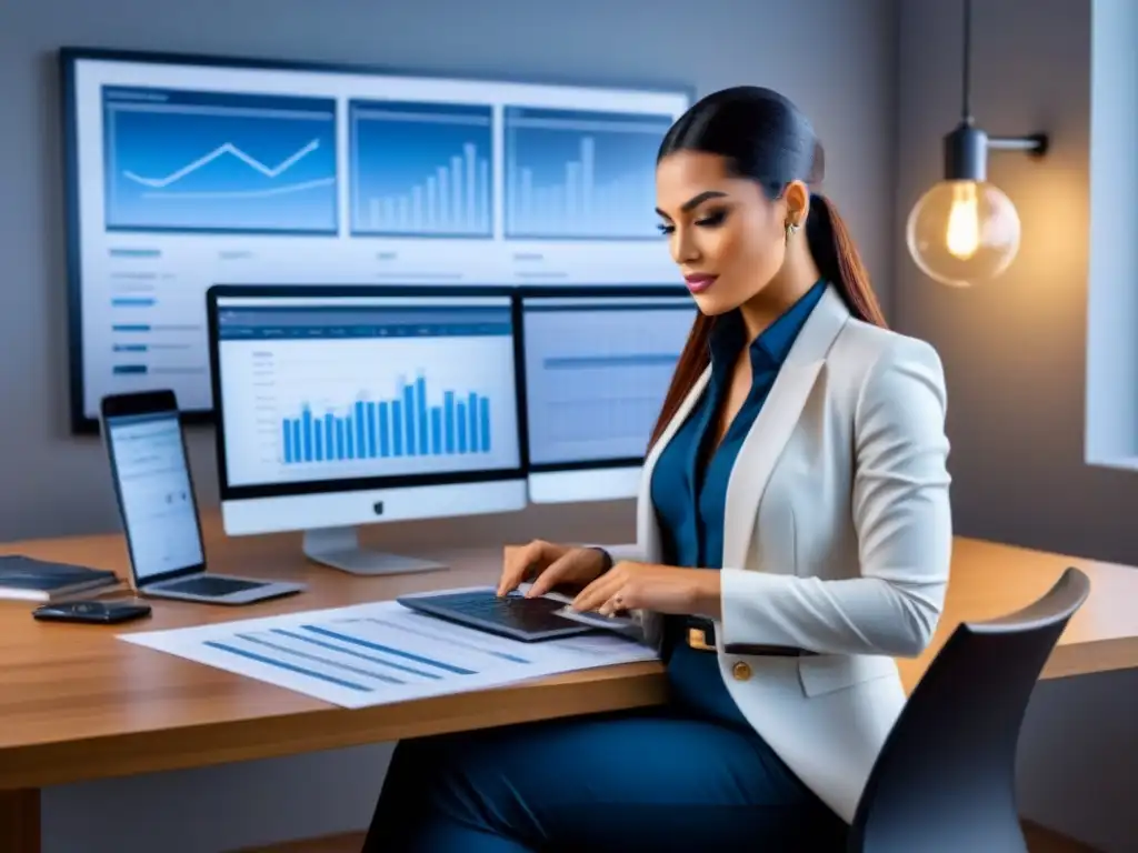 Experta en valoración inmobiliaria: análisis preciso Una experta tasadora inmobiliaria analiza informe de valuación rodeada de planos y gráficos de mercado