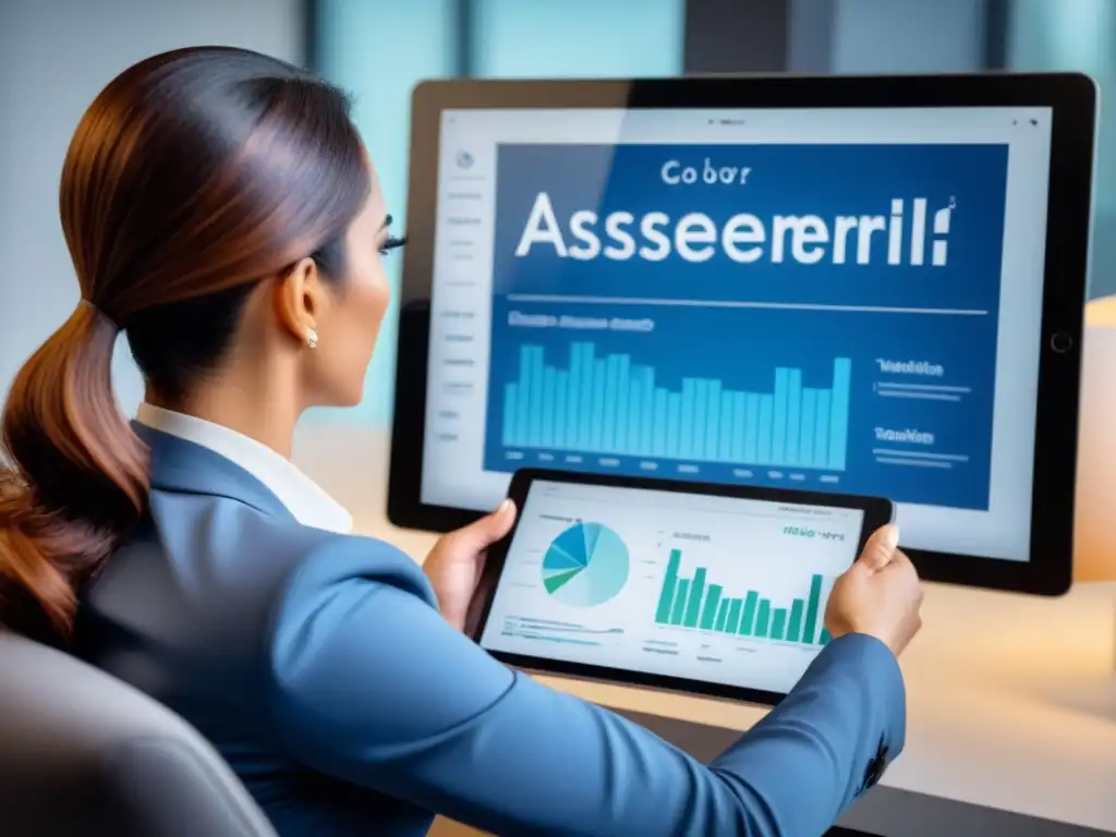 Experta tasadora de viviendas analizando plano con tablet Experta tasadora revisa minuciosamente plano de casa en oficina moderna