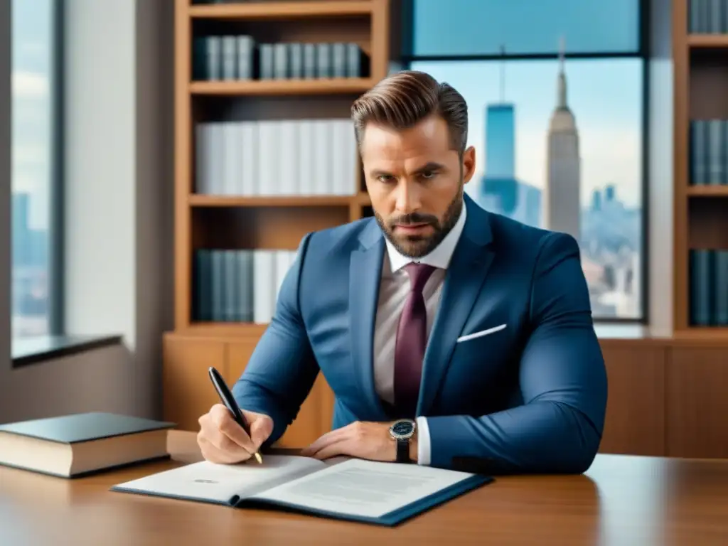 Abogado experto analizando contrato de alquiler en oficina moderna Experto abogado revisando contrato de arrendamiento en moderna oficina con asesoría legal y elegante decoración