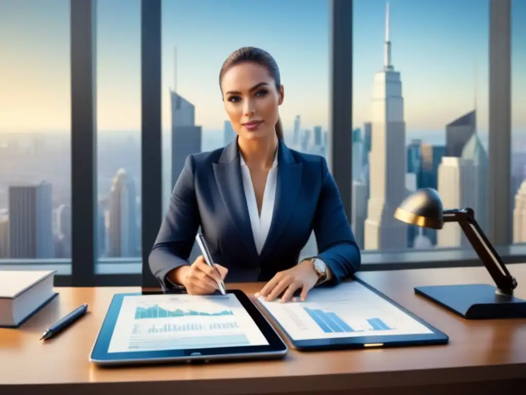 Profesional analizando documentos financieros en oficina moderna Experto analizando documentos financieros inmobiliarios con determinación y confianza, rodeado de libros legales y planos
