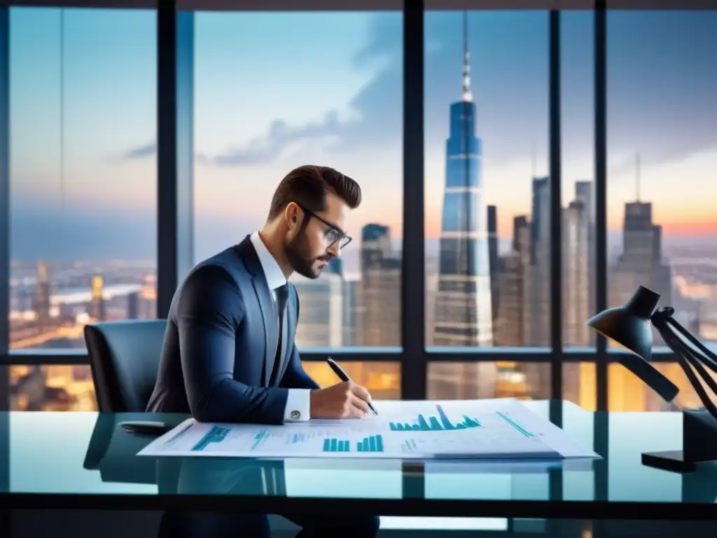 Profesional analizando informe financiero en oficina urbana Experto analizando informes de inversión inmobiliaria en ciudad moderna