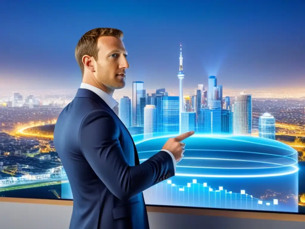 Agente inmobiliario analizando datos de marketing en pantalla futurista Experto en inmobiliarias analizando datos de publicidad en Facebook con la ciudad de fondo