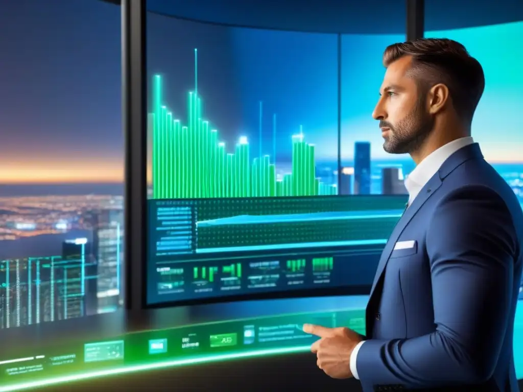 Visualización 3D de datos inmobiliarios futuristas Un experto utilizando una interfaz futurista para evaluar riesgos en proptech