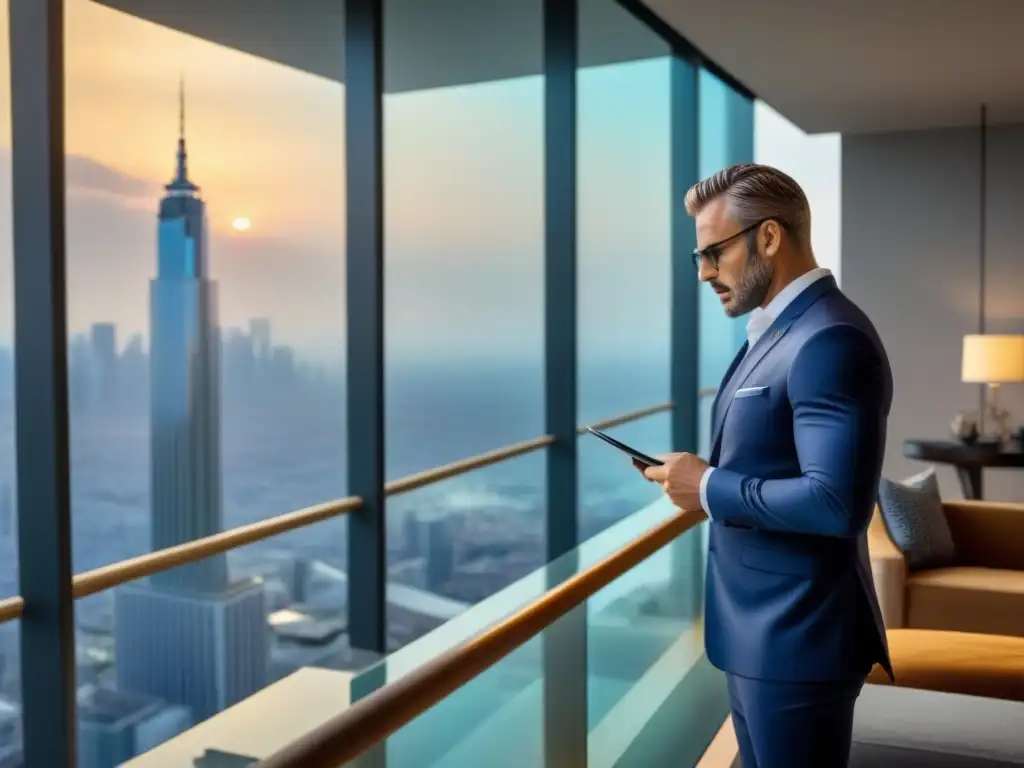 Experto en valoración de penthouses de lujo en acción Experto en tasación examinando lujoso penthouse
