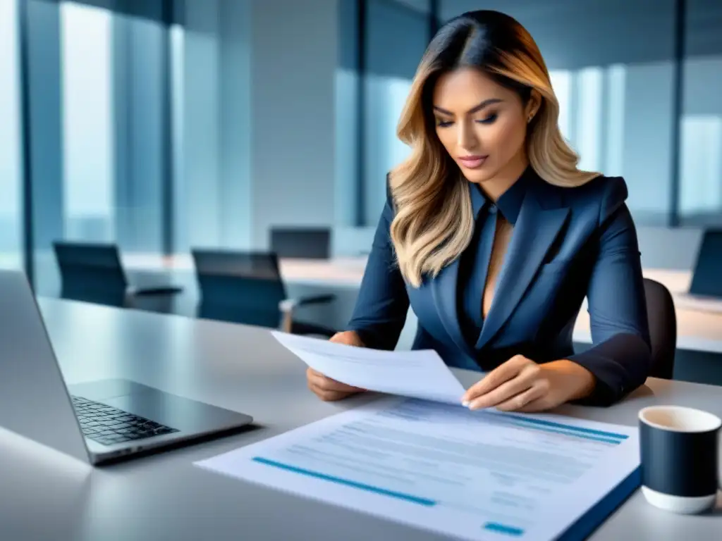 Profesional revisando solicitud hipotecaria en oficina moderna Un experto revisa minuciosamente una solicitud de crédito inmobiliario en una oficina moderna y luminosa