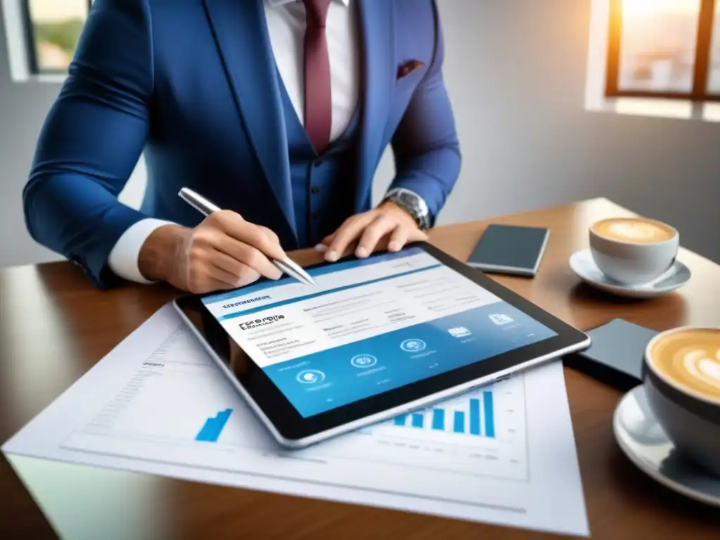 Experto evaluando informe de valoración inmobiliaria en tablet moderna Un experto en tasación inmobiliaria analiza detalladamente informes, rodeado de planos, lupa y café en un moderno escritorio