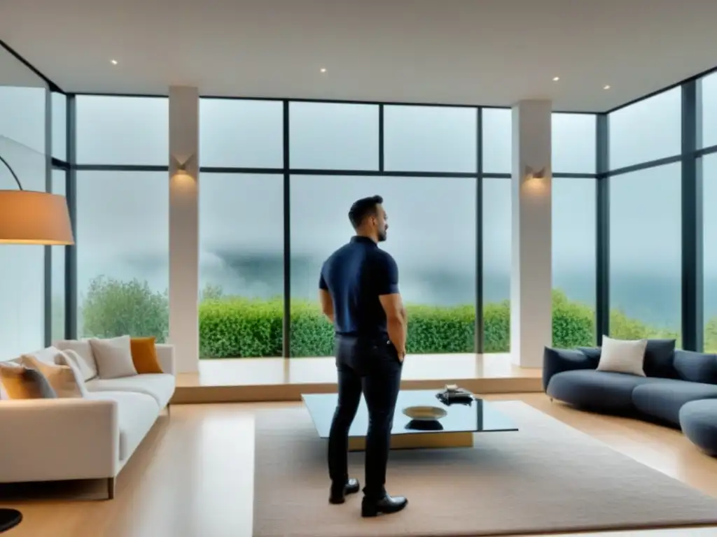 Experto en valuación de casas de lujo inspeccionando meticulosamente Experto en tasaciones inmobiliarias de lujo inspeccionando detalladamente una moderna casa, demostrando precisión y expertise en hipotecas