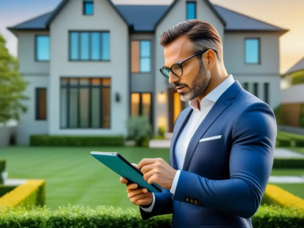 Experto valuador inmobiliario inspecciona casa de lujo Un experto tasador de bienes raíces examina minuciosamente una lujosa casa moderna, destacando la importancia de tasación en financiamiento