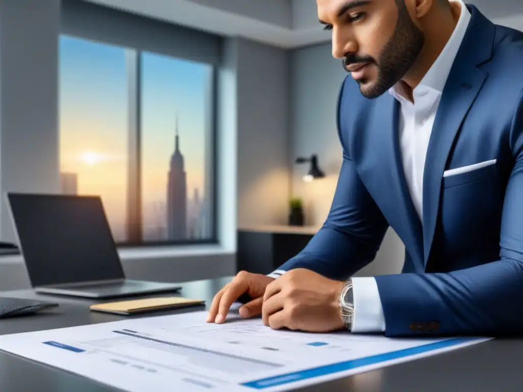 Experto en valoración inmobiliaria: tecnología y precisión Un experto tasador evalúa detallado plano en oficina moderna, reflejando importancia tasación financiamiento inmobiliario