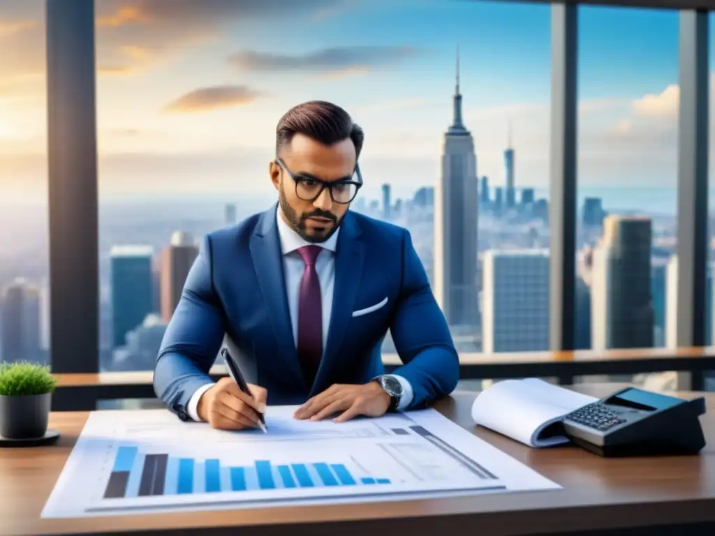 Experto en valoración inmobiliaria: precisión y tecnología en la ciudad Experto tasador inmobiliario revisando planos y documentos con precisión en oficina moderna