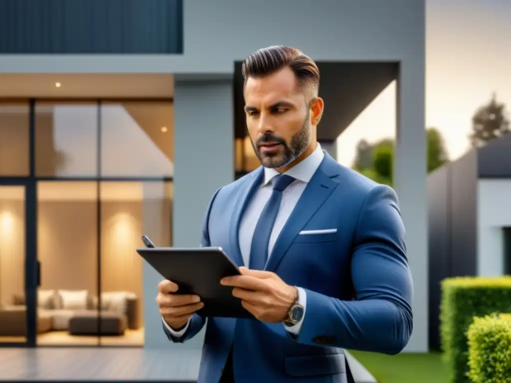 Experto en valuación inmobiliaria inspecciona lujosa casa moderna Experto tasador examinando lujosa casa moderna - Importancia de tasación en financiamiento