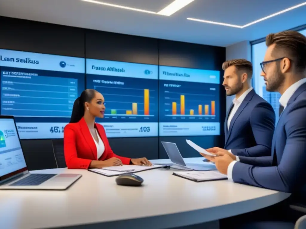 Profesionales analizando documentos sobre préstamos FHA en oficina moderna Expertos analizan documentación sobre Consejos Préstamo FHA en moderna oficina
