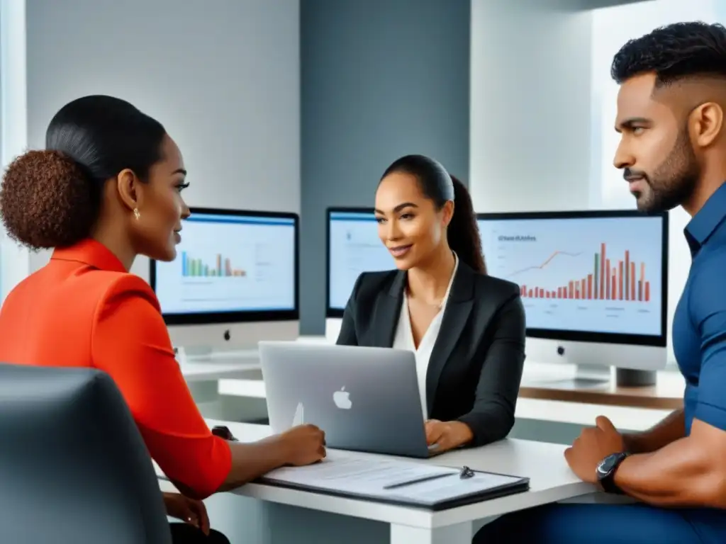 Equipo diverso en oficina moderna, planificando estrategias financieras Expertos en asesoría de crédito gestionan deudas en moderna oficina