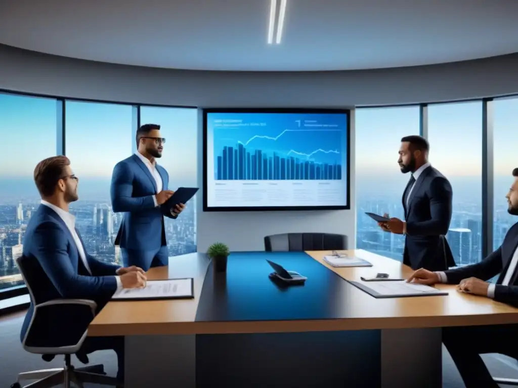 Profesionales de bienes raíces en acción: reestructuración de deuda Expertos en reestructuración de deudas inmobiliarias colaborando en oficina futurista