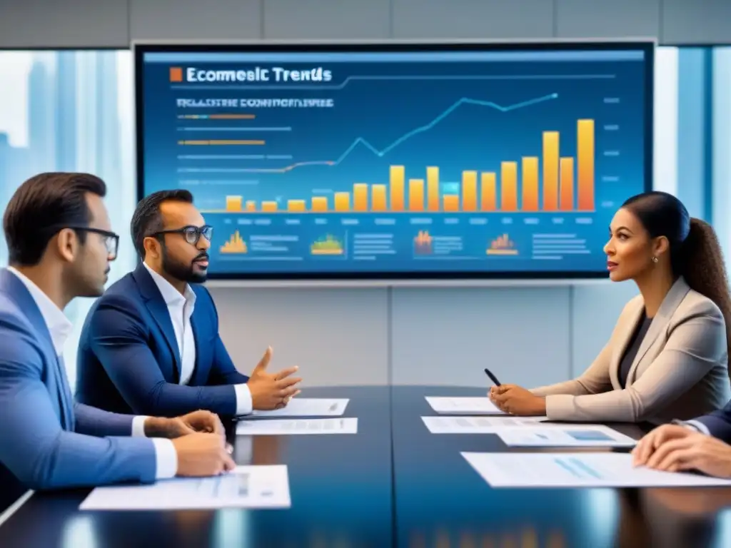 Expertos en economía y bienes raíces analizan tendencias del mercado Expertos en economía y bienes raíces debaten sobre el impacto del banco central inmobiliario en una moderna sala de juntas iluminada