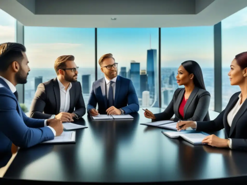 Expertos en inversión discuten estrategias para principiantes sobre REITs en moderno boardroom con vista urbana