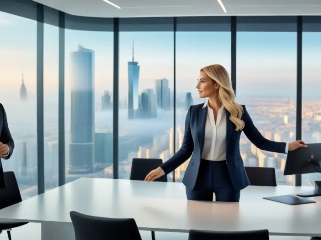 Profesionales debaten opciones de financiamiento inmobiliario en Europa Expertos en financiamiento inmobiliario en una oficina moderna de Europa, discutiendo opciones con entusiasmo