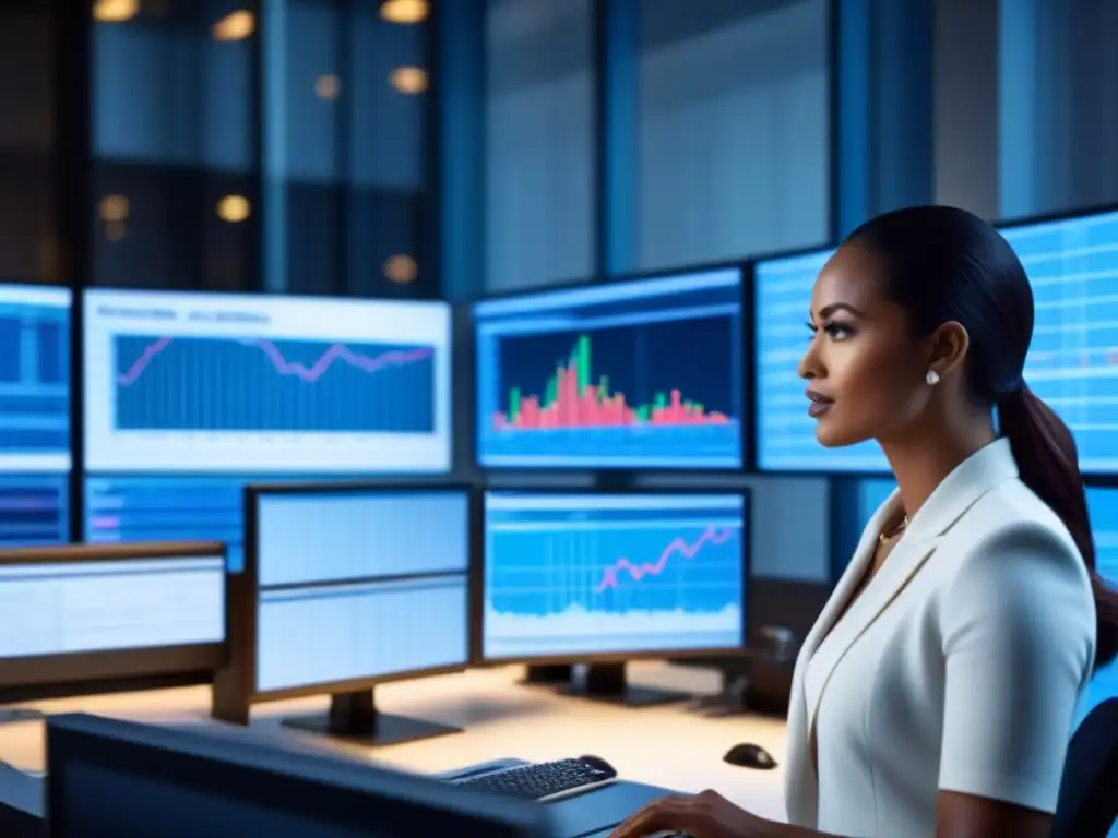 Expertos financieros analizan datos en pantalla en oficina moderna Expertos financieros analizando datos en oficina moderna
