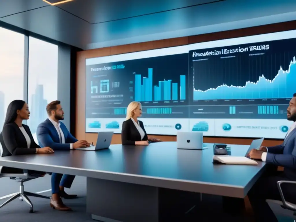 Expertos financieros analizando tendencias del mercado en sala tecnológica Expertos financieros analizan datos y tendencias del mercado en una sala de juntas de alta tecnología, transmitiendo conocimiento y profesionalismo