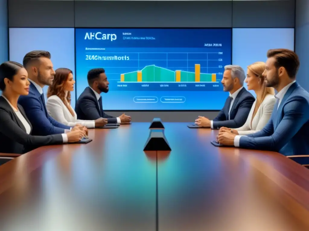 Expertos financieros debatiendo estrategias de inversión en mesa futurista Expertos financieros diversificados discuten estrategias de inversión a corto plazo en mesa futurista con datos de mercado en tiempo real