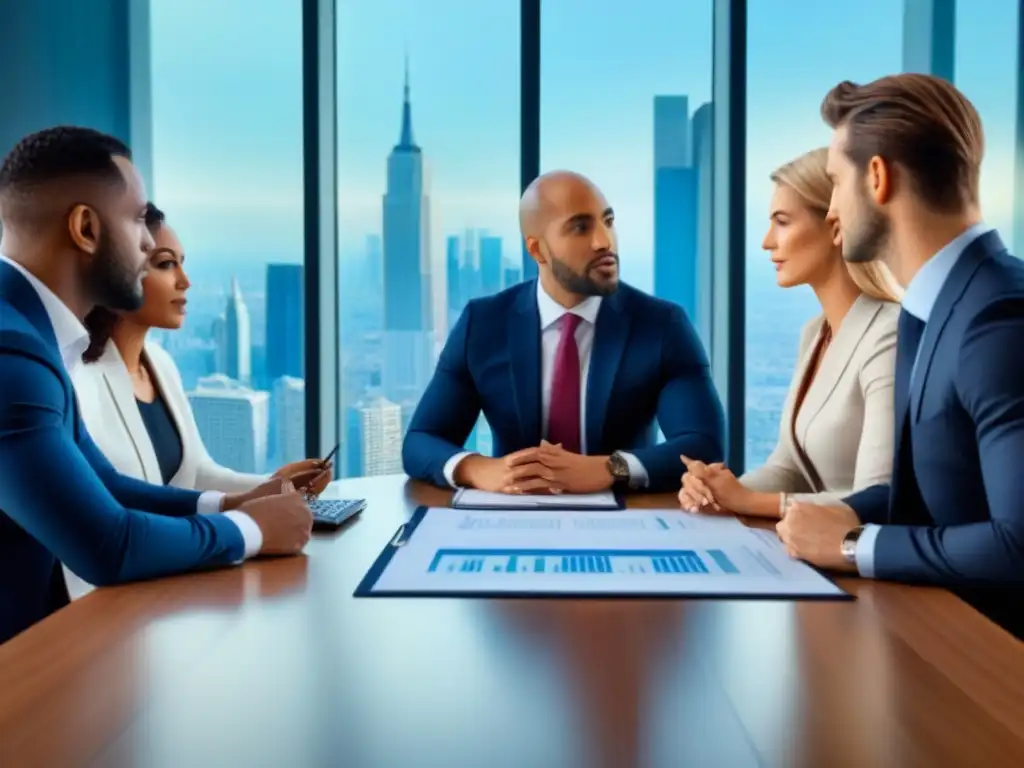 Expertos financieros debatiendo estrategias de inversión en oficina moderna Expertos financieros debatiendo estrategias de inversión en una oficina de alto nivel con vistas a la ciudad