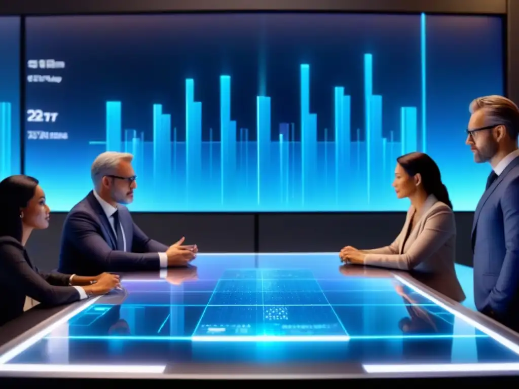 Expertos financieros analizan gráficos de inversión en holograma 8k Expertos financieros analizan gráficos en holograma